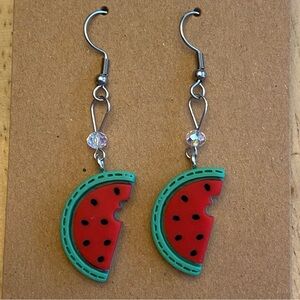 Hand Crafted Watermelon Slice Beaded Dangle Earrings